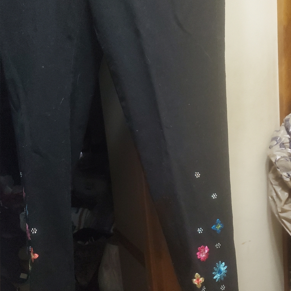 Black Denim Pants with Colorful Floral Embroidery